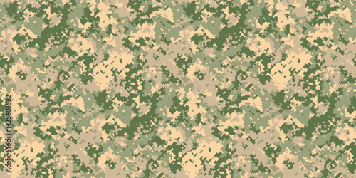 Abstract digital camouflage pattern in muted greens and tans.  Perfect for backgrounds, textiles, or militarythemed designs.