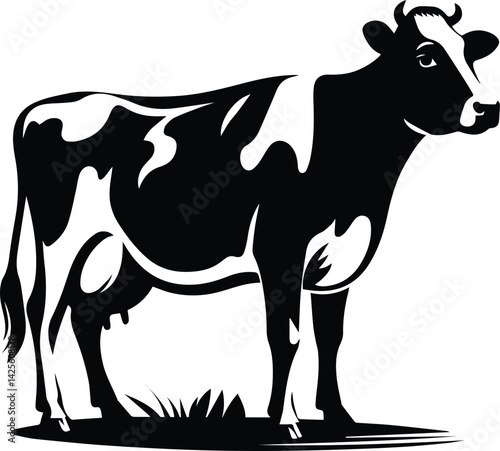 Black and White Vector Silhouette of a Dairy Cow, Minimalist Farm Animal Art on White Background
