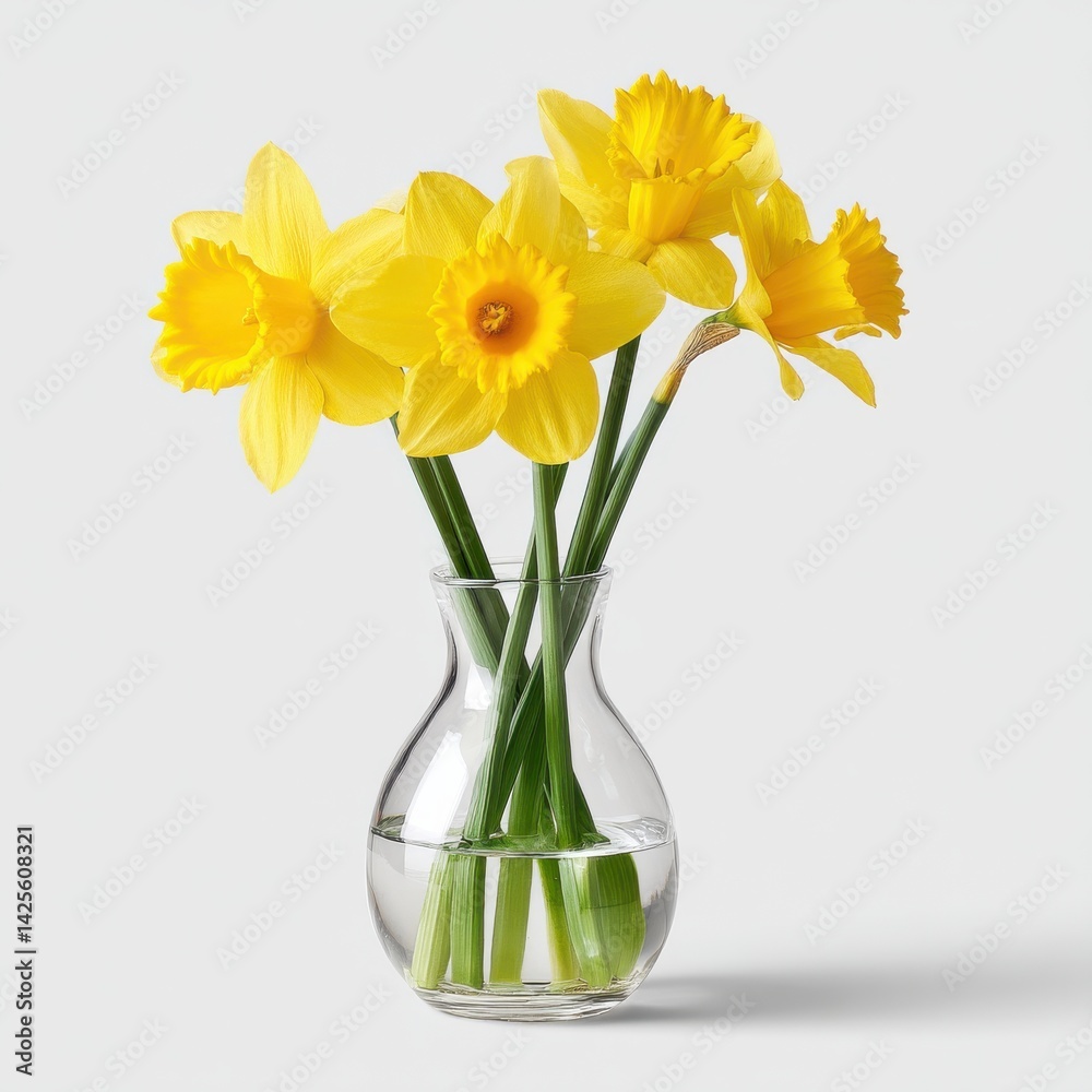 Fototapeta premium A bouquet of fresh blooming yellow daffodils arranged elegantly in a transparent glass vase against a plain background