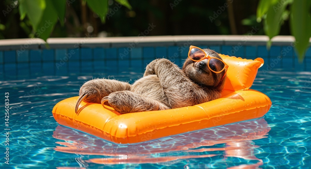 Fototapeta premium A sloth is relaxing on an orange inflatable floating in a swimming pool wearing sunglasses