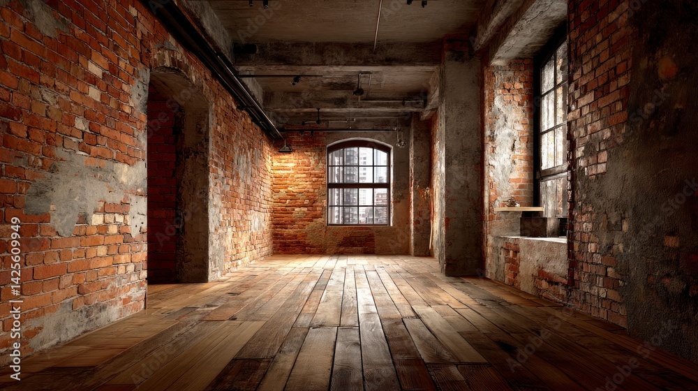 Empty Room with Exposed Brick and Wooden Floor Interior Empty Room with Exposed Brick and Wooden Floor Interior