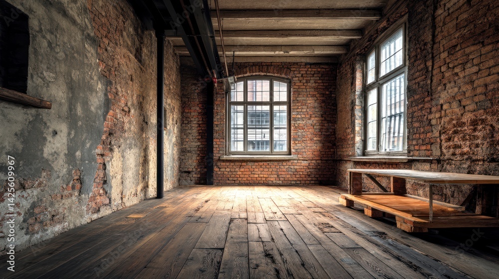 Empty Room in Old Building with Wooden Floor and Brick Walls Empty Room in Old Building with Wooden Floor and Brick Walls