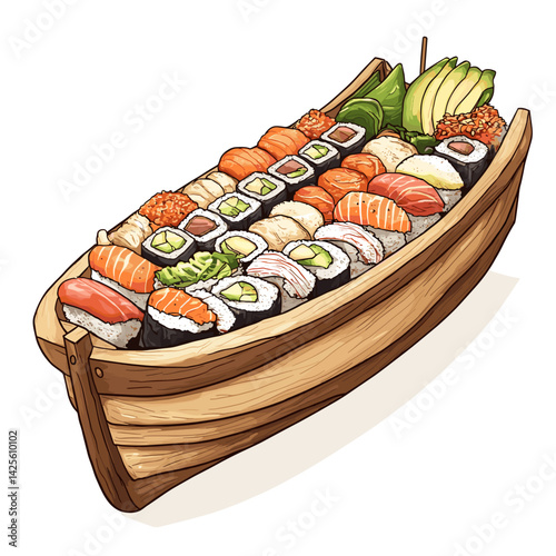 Classic Sushi Boat with Nigiri and Rolls – Angled View