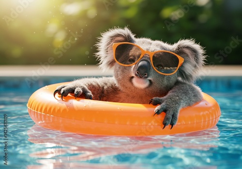 A charming koala enjoys a refreshing swim in the pool while wearing sunglasses photo