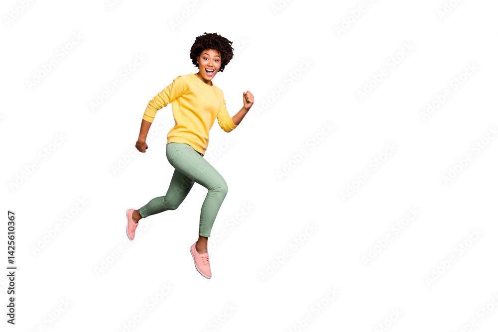 Full length profile side photo of amazed funny crazy afro american girl jump run hurry autumn fall black friday bargain wear green sweater yellow pants trousers isolated violet color background Full length profile side photo of amazed funny crazy afro american girl jump run hurry autumn fall black friday bargain wear green sweater yellow pants trousers isolated violet color background