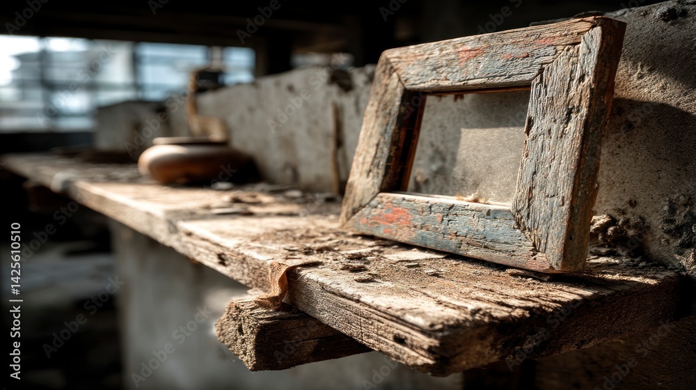 Old Picture Frame on Wooden Shelf in Abandoned Building Old Picture Frame on Wooden Shelf in Abandoned Building