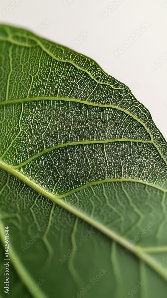 Fototapeta premium Close-up of a vibrant green leaf showcasing intricate vein patterns against a light background