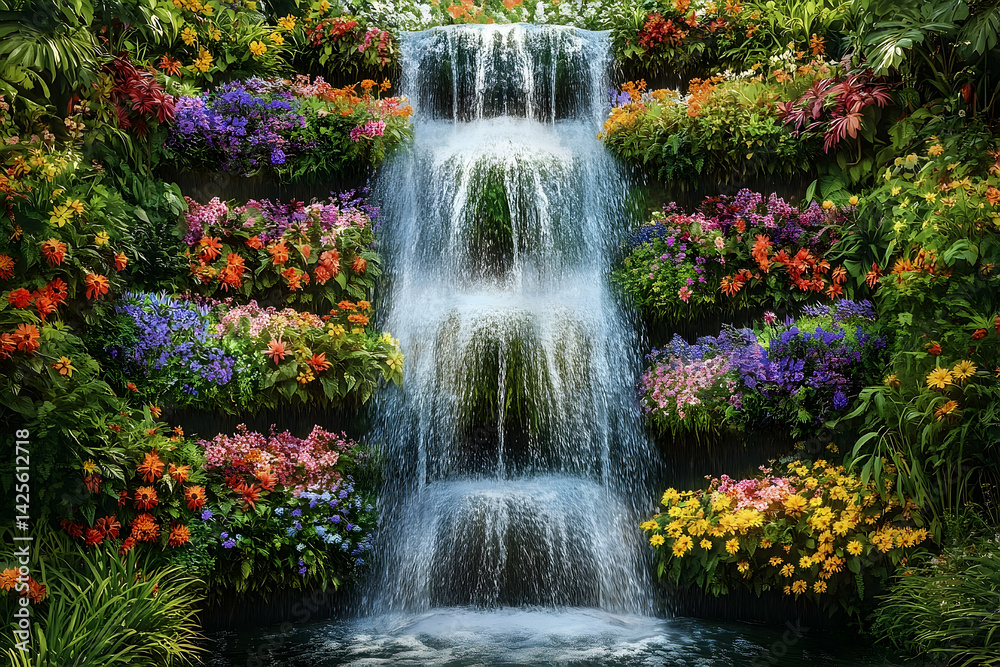 Lush waterfall cascading through vibrant flowerbeds.