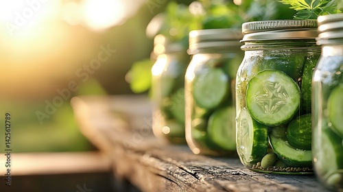 Sunlit Jars of Pickled Cucumbers on Rustic Wooden Surface photo