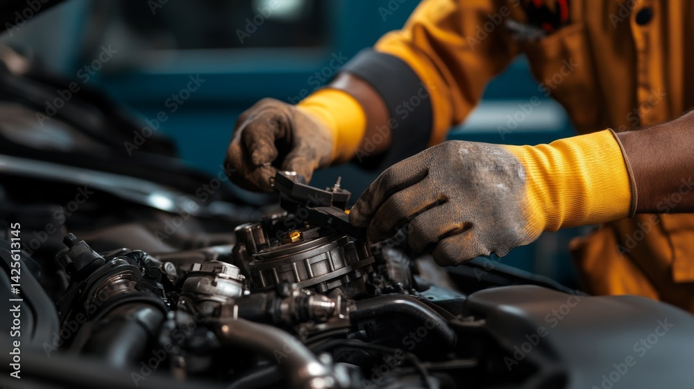 Obraz premium A mechanic carefully aligning engine components during reassembly, demonstrating precision work,