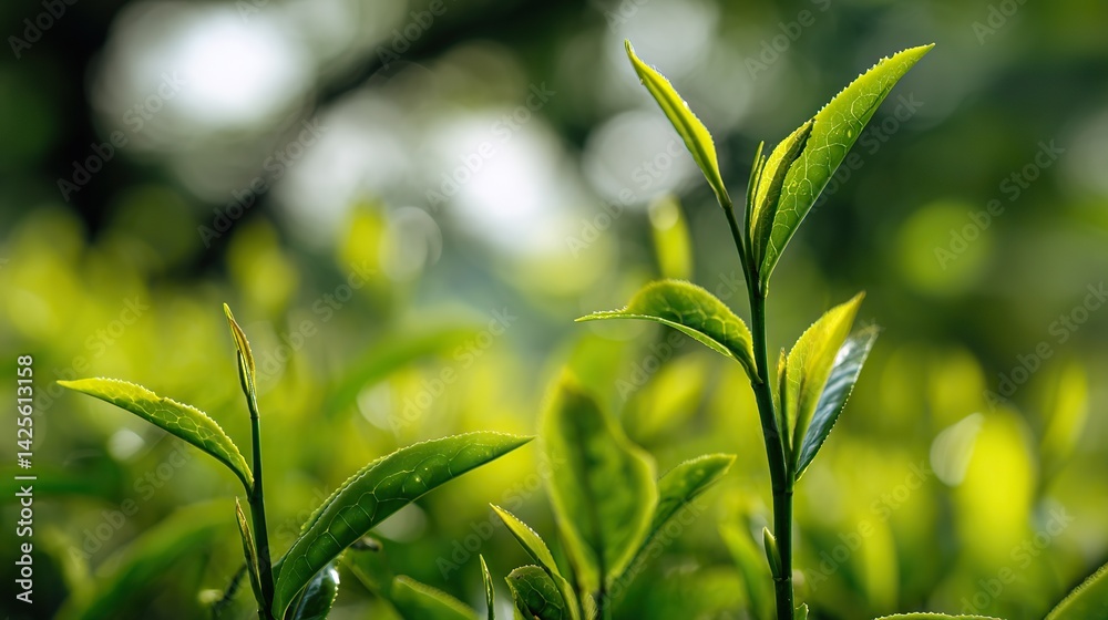 Obraz premium Close-up of fresh green tea leaves with sunlight exposure, macro lens capturing details of tender new spring buds, natural light, high saturation, in a natural environment.