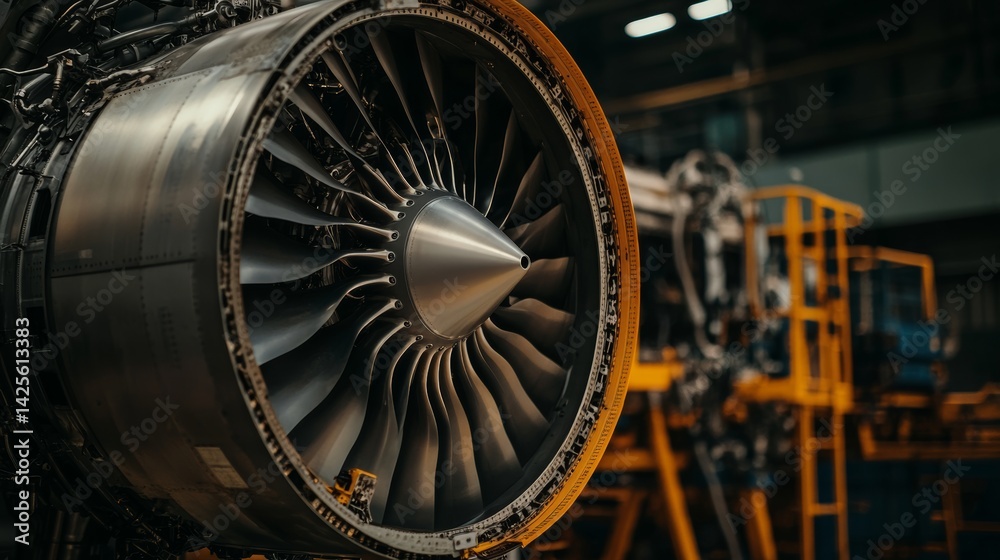Fototapeta premium A mechanic performing preventive maintenance on a commercial aircraft engine, focused and attentive,