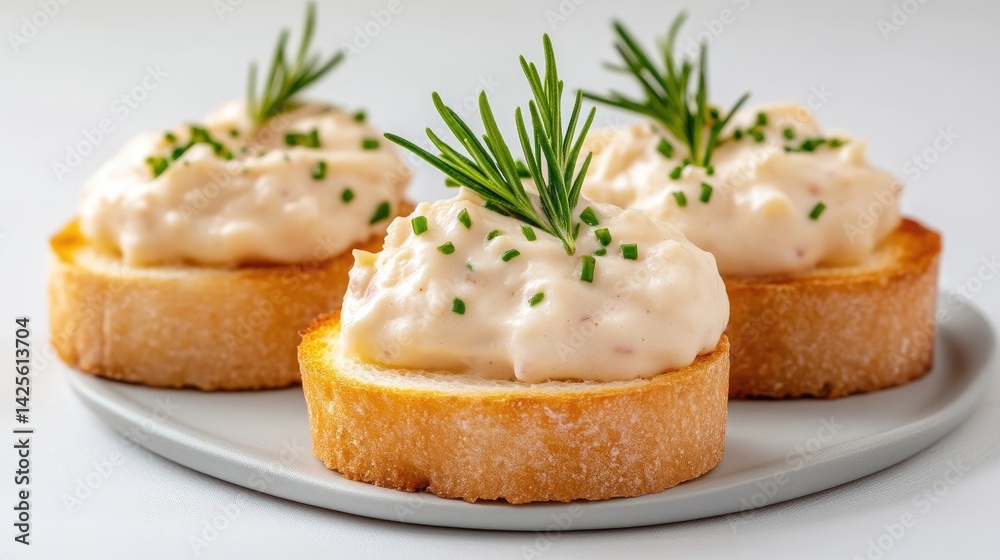 Three slices of toasted bread topped with creamy spread and garnished with fresh herbs, arranged on a light grey plate, close-up view, and elegant appetizer concept. Three slices of toasted bread topped with creamy spread and garnished with fresh herbs, arranged on a light grey plate, close-up view, and elegant appetizer concept.