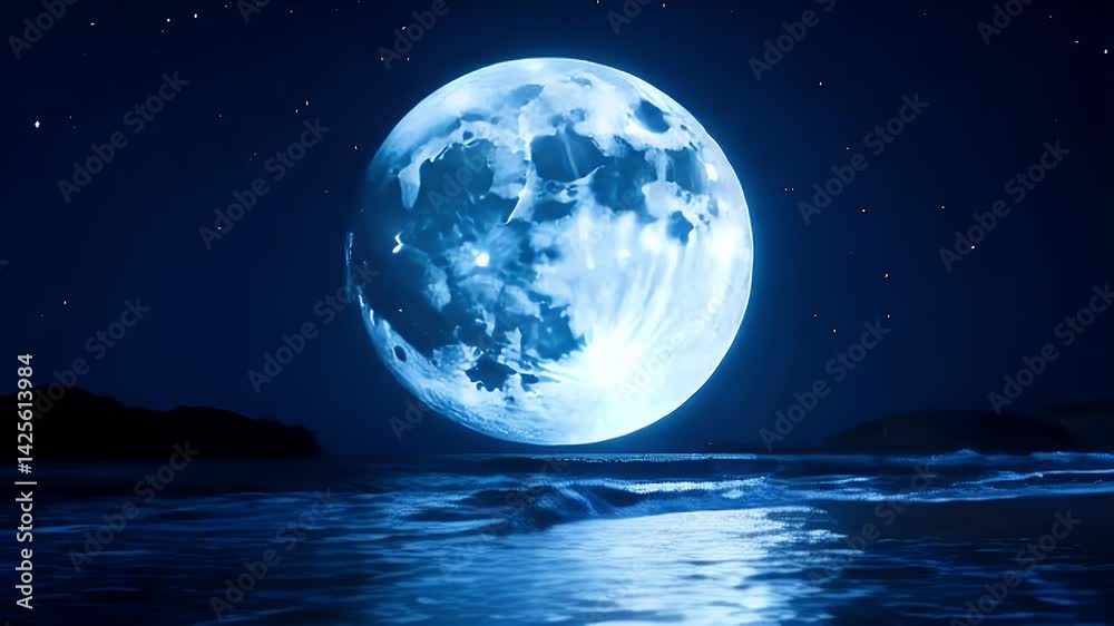 Enchanting Blue Moon Rising Over a Serene Ocean Beach at Night Enchanting Blue Moon Rising Over a Serene Ocean Beach at Night
