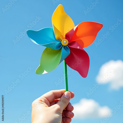 Hand holding a colorful pinwheel against fresh blue sky