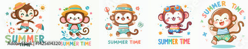 cute monkey illustration summer t-shirt design concept