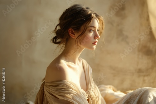 A young woman with brown hair styled in an updo, wearing a beige off-shoulder dress, sits by a window bathed in sunlight.