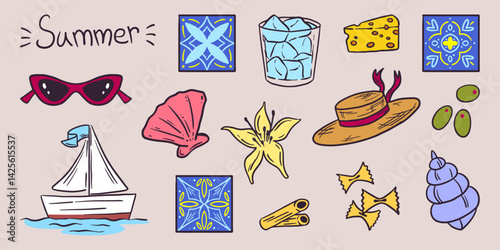 Amalfi Coast hand drawn illustrations - sailboat and sunglasses, ice cubes in glass and hat, shells and olives, traditional tiles. Colorful decorative travel doodle set inspired by Italian summer.