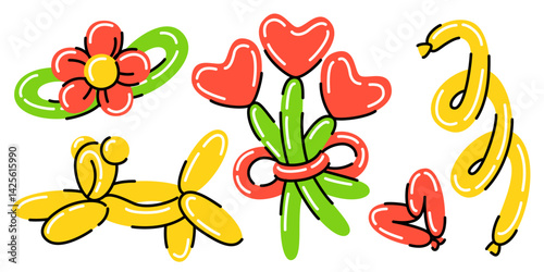 Long inflatable balloon toys set - yellow dog and twisted shape, red heart form and flowers with green stems made from latex figures. Cute inflated sculptural creations for kid party decoration design