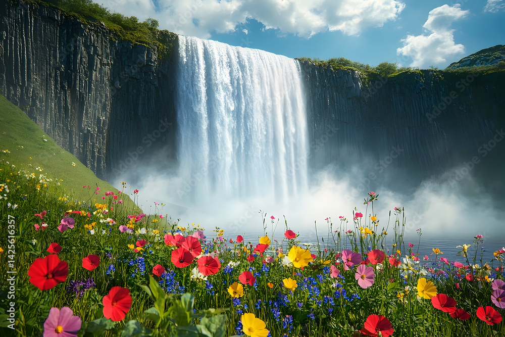 Naklejka premium Colorful wildflowers cascading around a powerful Icelandic waterfall.