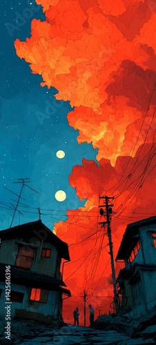 A stunning anime-style scene of a dark sky with a setting sun, red clouds, stars, and a crescent moon. Two small houses stand under connected wires, creating a dreamy, peaceful atmosphere. High detail