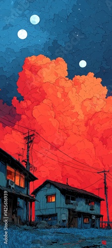 A stunning anime-style scene of a dark sky with a setting sun, red clouds, stars, and a crescent moon. Two small houses stand under connected wires, creating a dreamy, peaceful atmosphere. High detail