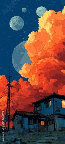 A stunning anime-style scene of a dark sky with a setting sun, red clouds, stars, and a crescent moon. Two small houses stand under connected wires, creating a dreamy, peaceful atmosphere. High detail