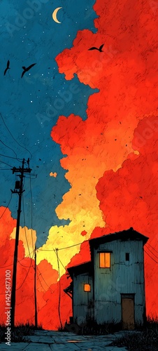 A stunning anime-style scene of a dark sky with a setting sun, red clouds, stars, and a crescent moon. Two small houses stand under connected wires, creating a dreamy, peaceful atmosphere. High detail
