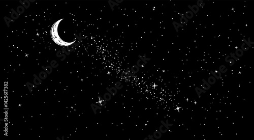 little stars & crescent moon in the night - hand drawing style (artwork 2)