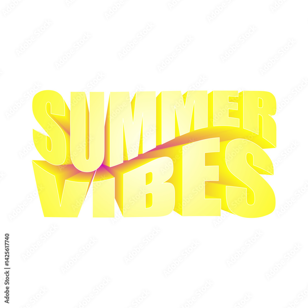 Fototapeta premium 3D yellow text Summer Vibes with dynamic wave shape on white background for seasonal design and creative projects.
