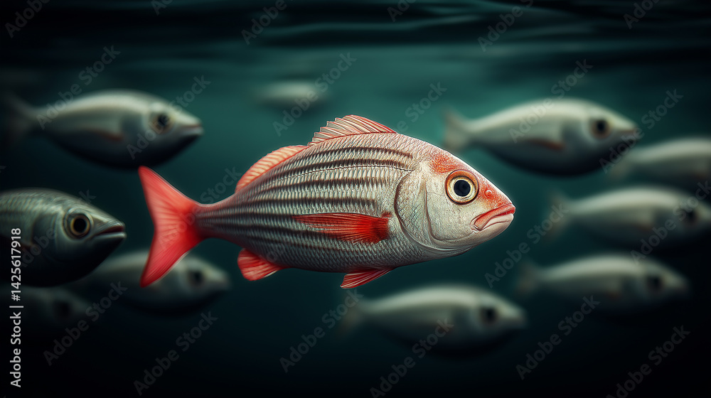 Fototapeta premium Individuality Underwater: A solitary fish, distinguished by its unique markings, navigates a sea of uniformity, creating a compelling visual metaphor for nonconformity and self-expression.