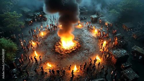 People gathered around a large fire in a dark setting