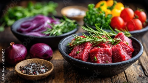 Wallpaper Mural Panorama of fresh pet food with raw beef ingredients concept. Fresh ingredients and raw meat arranged on a wooden table. Torontodigital.ca