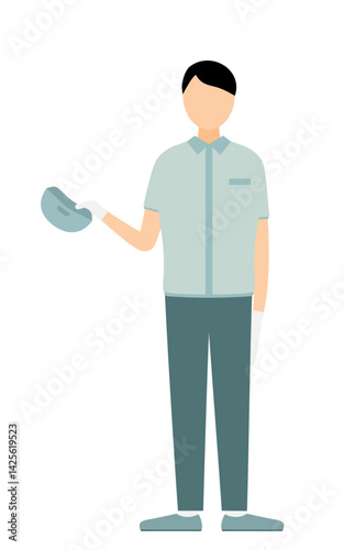 Simple illustration of a worker man wearing a cap taking off his hat to greet