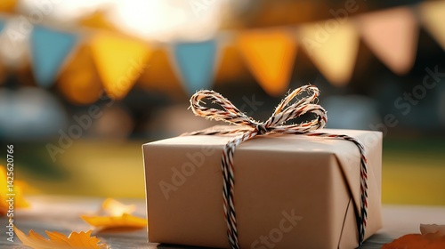 Wrapped Gift on Wooden Surface with Autumn Leaves and Festive Background photo