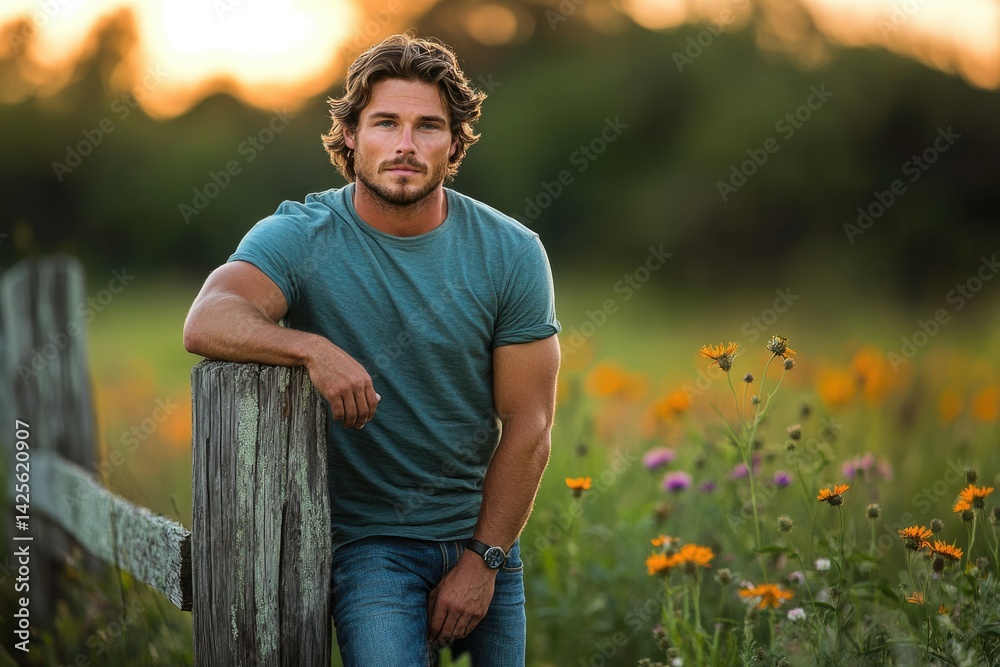 Obraz premium Handsome man with wavy hair leans on a rustic fence in a sunlit meadow of wildflowers.
