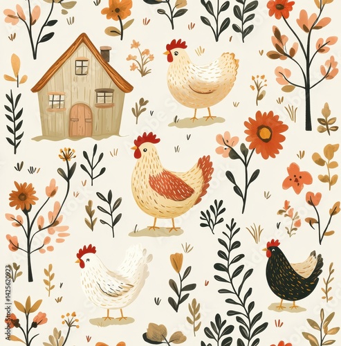 Charming cartoon pattern depicting chickens and hens among flowers in a vibrant farm setting