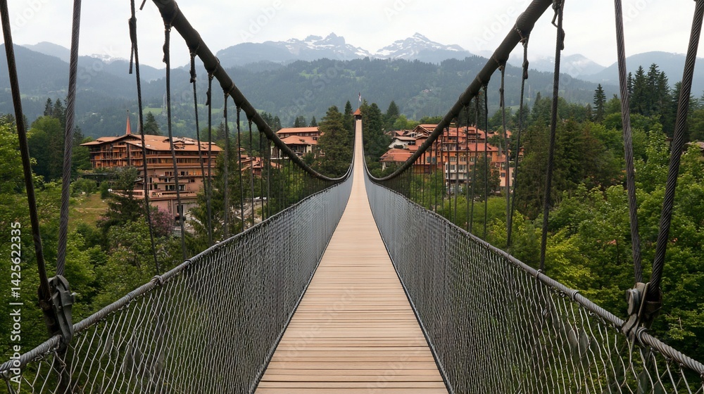 Obraz premium Suspension bridge spanning valley, picturesque mountain village
