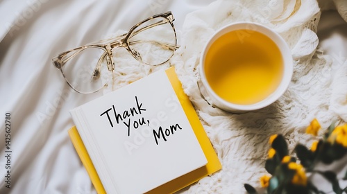 Cozy still life with cup of tea, open book, eyeglasses, and handwritten thank you card for mom, expressing love, gratitude, warmth, and emotional appreciation for Mother's Day