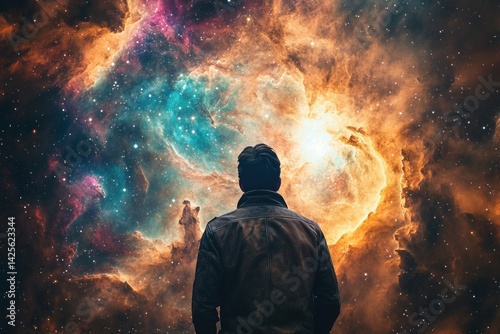 A lone figure gazes in awe at a vibrant nebula, a breathtaking cosmic spectacle.