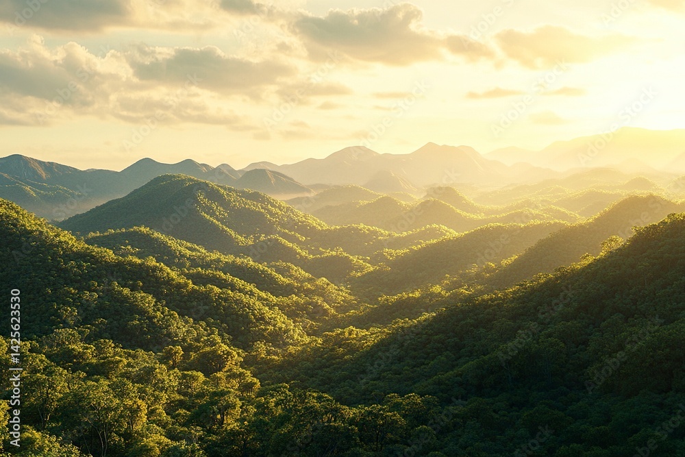Fototapeta premium A beautiful view of green mountains and sky in Thailand, during the golden hour, with trees and tea plantations. Photorealistic, high-resolution. 
