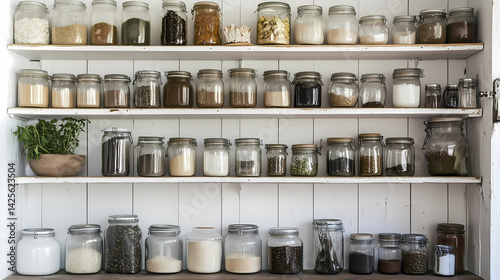 Wallpaper Mural Minimalist Scandinavian farmhouse kitchen with open shelving, whitewashed walls, vintage glass jars filled with herbs and spices, and a touch of industrial metal shelving Torontodigital.ca