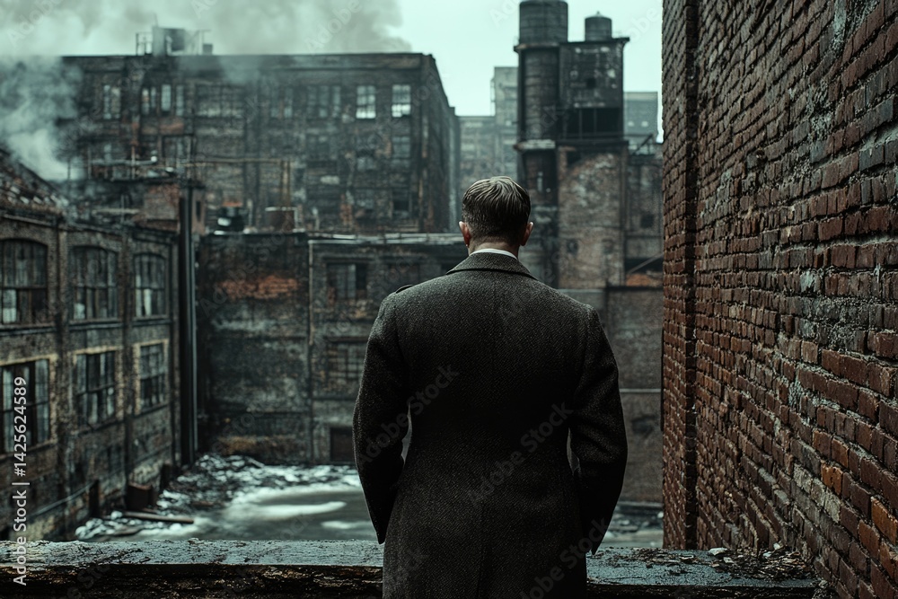 A man in a suit contemplates a bleak, industrial cityscape, smoke rising from decaying buildings.