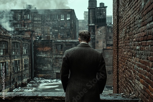 Obraz na płótnie A man in a suit contemplates a bleak, industrial cityscape, smoke rising from decaying buildings. w salonie