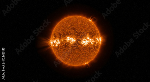 Sun Showing Solar Flares on Surface Against Black Background