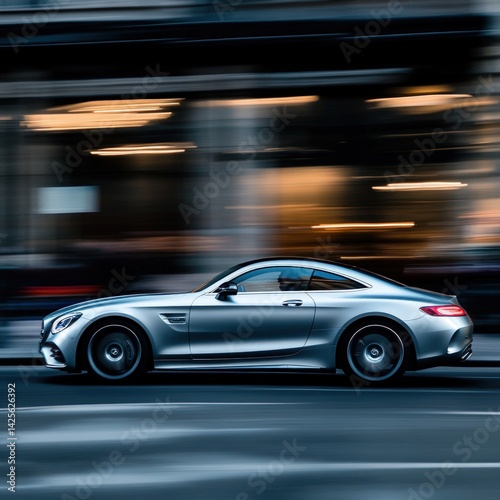 Sleek silver sports car speeding down city street.  Blurred urban background