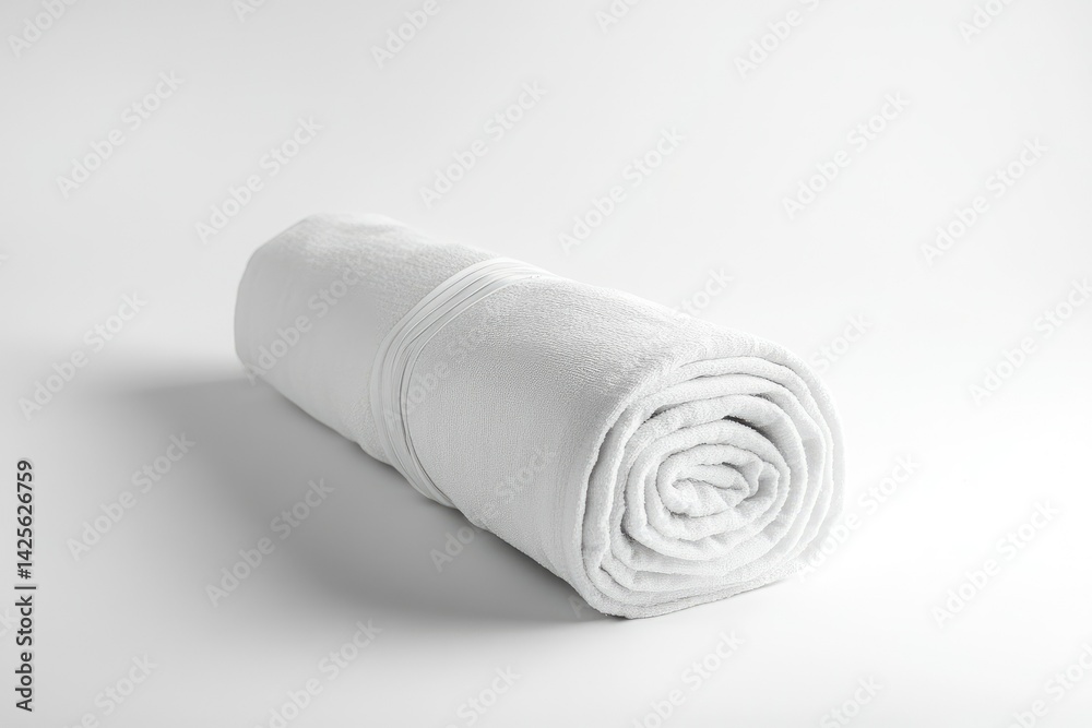 A neatly rolled white towel on a smooth, light background, showcasing its soft texture and clean appearance, ideal for spa, bathroom, or wellness-themed imagery A neatly rolled white towel on a smooth, light background, showcasing its soft texture and clean appearance, ideal for spa, bathroom, or wellness-themed imagery