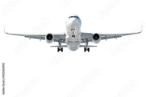 Realistic high-detailed white jet airliner taking off, isolated on a transparent background. Perfect for travel, aviation, airline services, global transportation, or business flight-themed visuals.