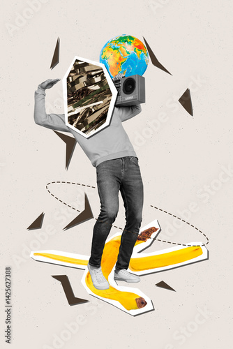 Zine creative vertical photo collage of headless guy instead bag cellophane earth pollution problem toxic waste banana peal trash