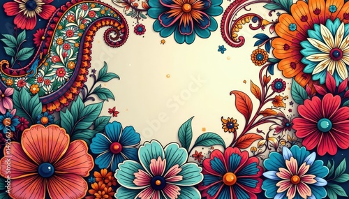 Bold paisley floral print, vibrant colors, flowing lines, summer, textile, illustration
